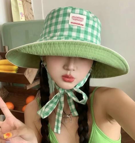 Sun Hats for Women Reversible Plaid Sun Cap Bucket Hat Wide Brim UV Protection Beach Hats 2025 Summer Travel Cap Fishing Hat - color: Green