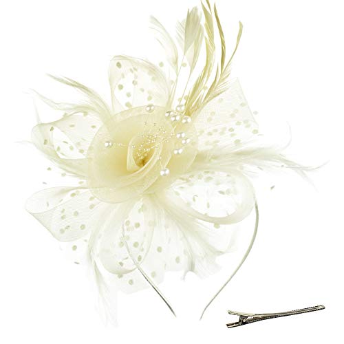 DRESHOW Fascinators Hat Flower Mesh Ribbons Feathers on a Headband and a Clip Tea Party Headwear for Girls and Women - color: 7" Diameter / Beige