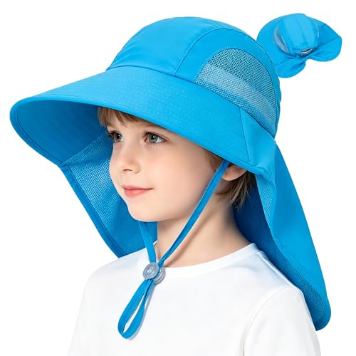 Kids Sun Hat with Neck Flap Ponytail Hole for Girls Boys Toddler - color: Blue