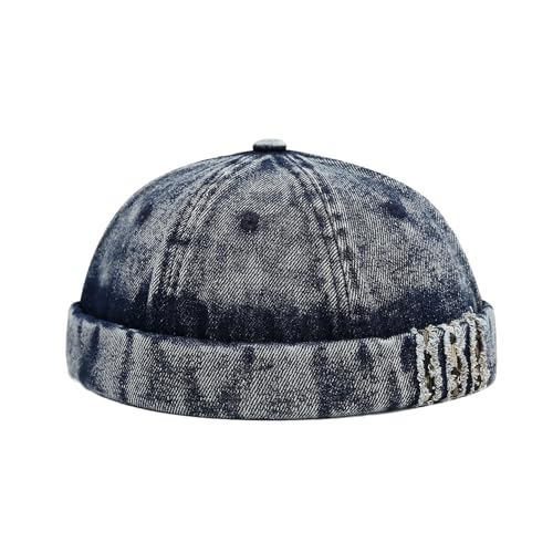 Unisex Washed Denim Distressed Rolled Cuff Brimless Docker Cap - color: Dark Blue