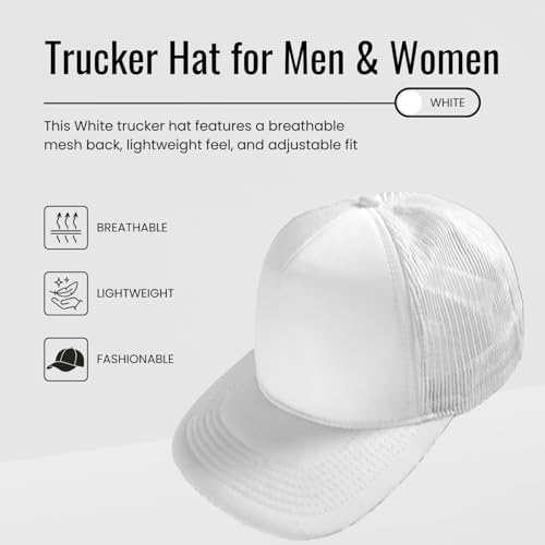 Trucker Hat for Men & Women, Mesh Back Baseball Cap, Adjustable Snapback, Breathable Lightweight Black Cap - color: White (Pack of 5)