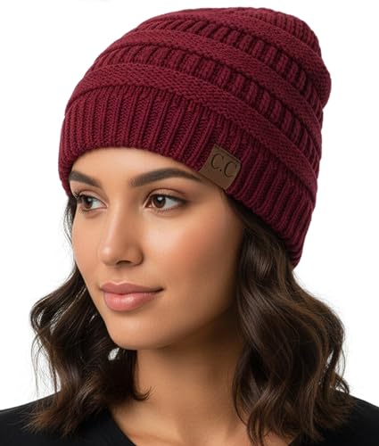 Funky Junque Adult Winter Beanie Slouchy Knit Skull Cap - color: Burgundy