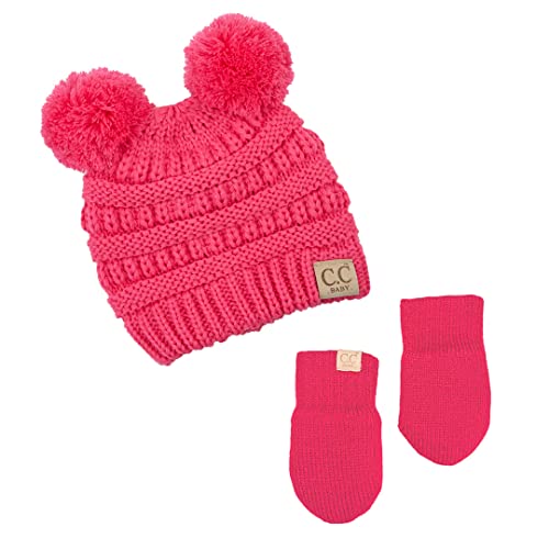 Funky Junque Baby Double Faux Fur Pom Pom Beanie & Mittens Set – Newborn Infant 0–9 Months Winter Hat with Soft Lined Mittens - color: Candy Pink (0-9 Months)