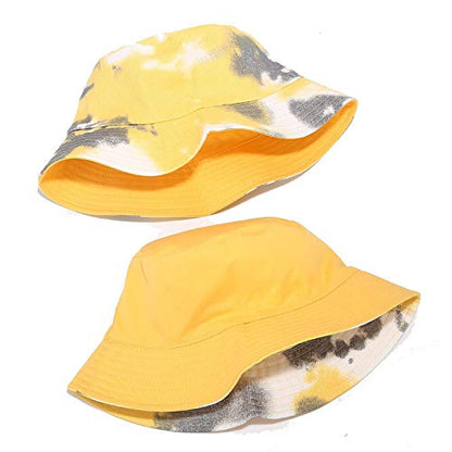 Tie Dye Bucket Hat Reversible Cotton Multicolored Fisherman Cap Packable Sun Hat - color: Yellow Grey