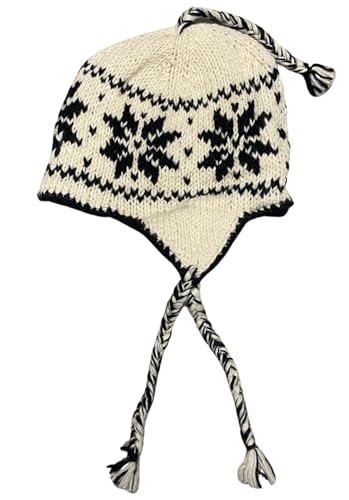 Wool Hand Knit Unisex Fleece Lined Ear Flap Beanie Sherpa Cap Hat Nepal - color: White Snowflake