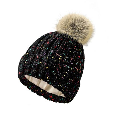 Zando Women's Satin Lined Beanie with Faux Fur Pom Pom - color: Black Yarn