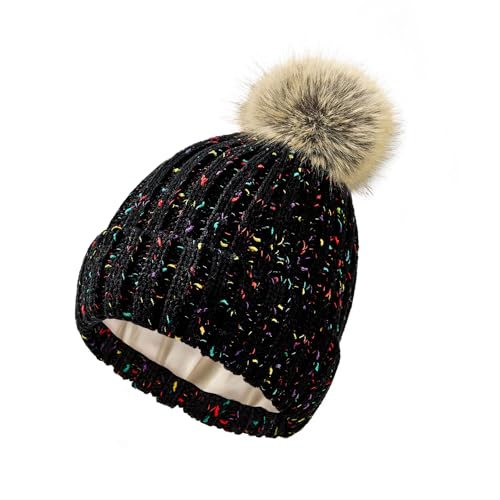 Zando Women's Satin Lined Beanie with Faux Fur Pom Pom - color: Black Yarn