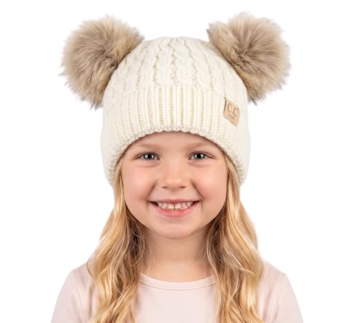 C.C Kids' Cable Knit Double Pom Beanie for Kids - Comfortable Soft Warm Children Skully Hat with Pom - color: Natural Faux Fur Pom Ivory