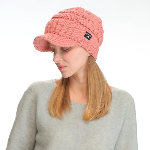C.C Trendy Warm Oversized Chunky Soft Oversized Ribbed Slouchy Knit Hat with Visor Brim - color: Salmon Pink
