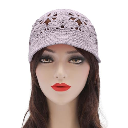 ZLYC Women Summer Slouchy Crochet Hat Handmade Cutout Skull Cap with Visor - color: Plain Light Purple, size: One Size