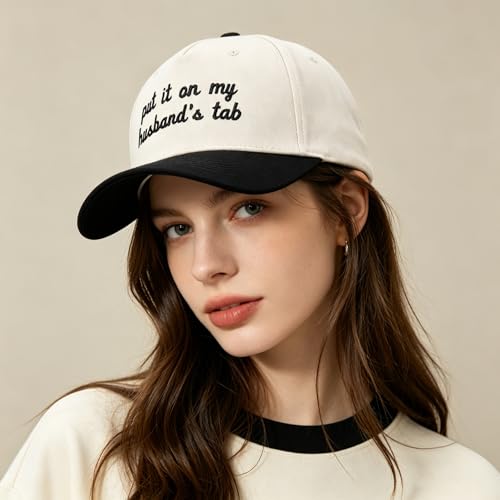 Funny Embroidered Trucker Hat, Vintage Two-Tone Cotton Baseball Cap for Men Women, Adjustable Dad Hat Gift Idea - color: Put It on My Husband's Tab, Black/Beige