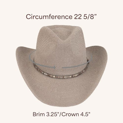 C.C Knitted Cowboy Hat for Women Lightweight Woven Western Hat with Multicolor Trim Band, Wide Brim Summer Sun Hat - color: Lt. Grey