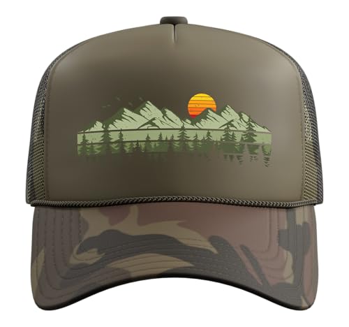 Trees Landscape Mountains Vintage Forest Trucker Hat with Adjustable Mesh Back - color: Camo Green