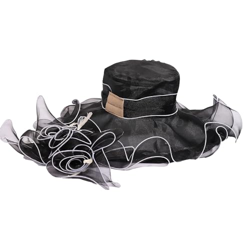 Women Oganza Sun Hat Church Wide Brim Wedding Formal Fascinator Hat - color: Black & White