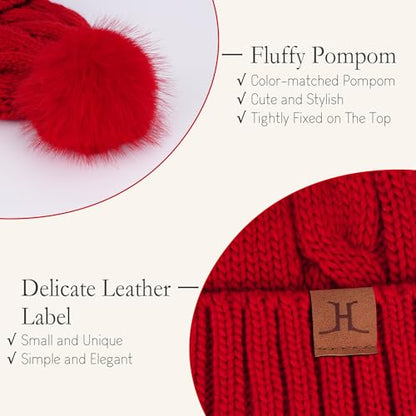 FZ FANTASTIC ZONE Womens Pom Pom Winter Warm Beanie Hat Cap Fleece Lined - color: Red