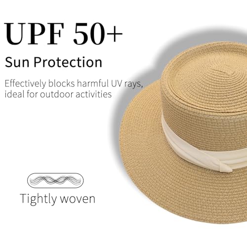 Straw Sun Hat Wide Brim Panama Boater Hat for Women & Men - Lightweight Foldable Summer Beach Hat for Vacation - color: Beige