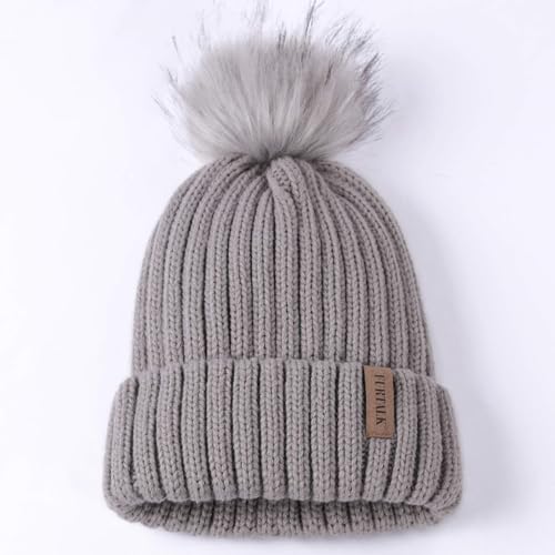 FURTALK Womens Winter Knitted Beanie Hat with Faux Fur Pom Warm Knit Skull Cap Beanie for Women - color: Fog Gray