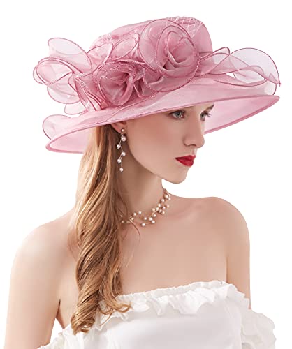 Women Derby Fascinator Hat Organza Church Wedding Hats Wide Brim Cocktail Tea Party Hat - color: 12 Pink