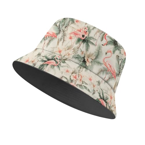 Amasnay Funny Bucket Hat Cotton Double-Side-Wear Reversible Sun Hat for Women Men, Summer Vacation Travel Beach Fisherman Hat - color: Flamingos Beige