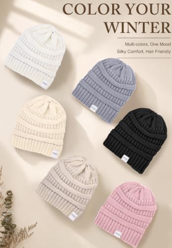 FEQO 6 Pack Satin Lined Beanies Slouchy Beanie Oversized Cable Knit Caps - color: Black, Light Grey, Beige, Oatmeal, White, Pink