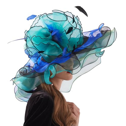 Women Elegant Organza Derby Hat Wide Brim Sun Hats for Wedding Tea Party Fascinator Hat - color: Blue
