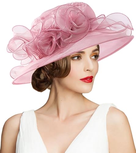 Women's Kentucky Derby Church Dress Hat Wide Brim Leaf Flower Bridal Shower Hat - color: A3-pinkpurple