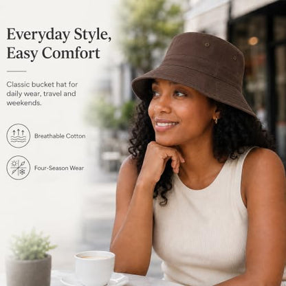 Cotton Bucket Hat Packable Beach Sun Hat for Women Men - color: Coffee