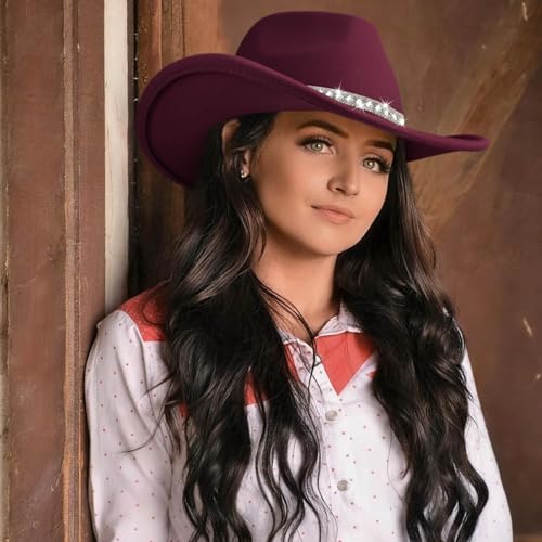 DRESHOW Western Cowboy Hat for Women and Men Wide Brim Glitter Cowboy Cowgirl Hat with Rhinestone Felt Fedora Hats - color: 1 Pack Style 10: Burgundy