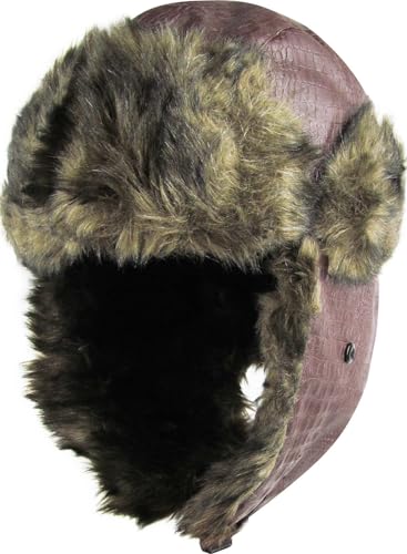 Wool Blend Aviator Trapper hat Trooper Ear Flaps Ushanka Eskimo Russian Warm Winter Cold… - color: Brown Pu Leather