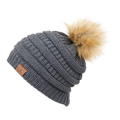 C.C Hatsandscarf Exclusives Unisex Solid Ribbed Beanie with Pom (HAT-43) - color: Dark Melange Grey Amazon