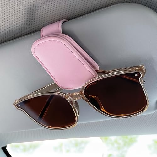 Sunglass Holder for Car, Visor Sunglasses Holder Clip Magnetic Leather - color: Pink