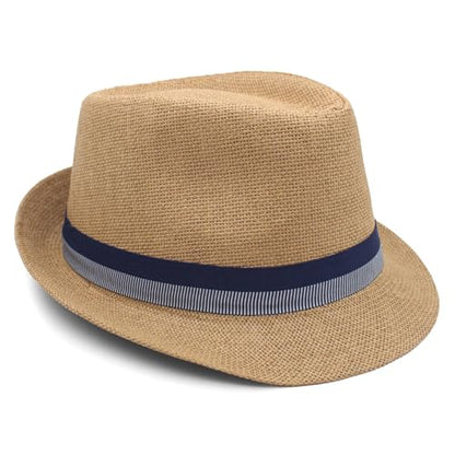 LIDHAY Short Brim Panama Hat Straw Fedora Hats for Men Women Summer Derby Trilby Hats Beach Sun Hat - color: Khaki