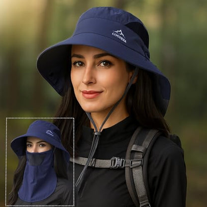 Sun Hat for Men & Women, Breathable Wide Brim Outdoor Fishing Hat with Face Cover & Neck Flap - color: Dark Blue