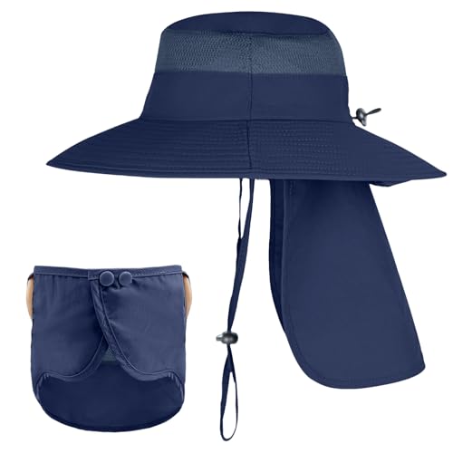 ZOORON Sun Hats for Men Women with Neck Flap Fishing UPF 50+ UV Protection - color: Navy Blue (With Face Cover)