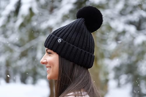 Funky Junque Women’s Winter Detachable Pom Beanie – Warm Knit Hat with Removable Faux Fur Pom, Soft Stretch Acrylic Cozy Cap - color: Black
