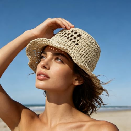 Floppy Big Beach Straw Hats for Women Foldable Summer Wide Brim Packable Sun Hat Womens Travel Straw Fedora Hat - color: Beige-6