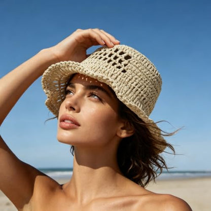 Floppy Big Beach Straw Hats for Women Foldable Summer Wide Brim Packable Sun Hat Womens Travel Straw Fedora Hat - color: Beige-6