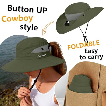 ZOORON Women's Ponytail Safari Sun Hat,Wide Brim UV Protection Bucket Hat - color: 1-puregreen
