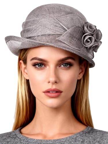 HIMESPORT Retro Sinamay Veil Flower Bride Wedding Fascinator Hat Feather Bowler Hat Hair Accessory Banquet Cocktail Party - color: Gray