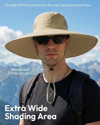 Mens Sun Hat Super Wide Brim Waterproof Breathable Bucket Hats for Men - color: Khaki