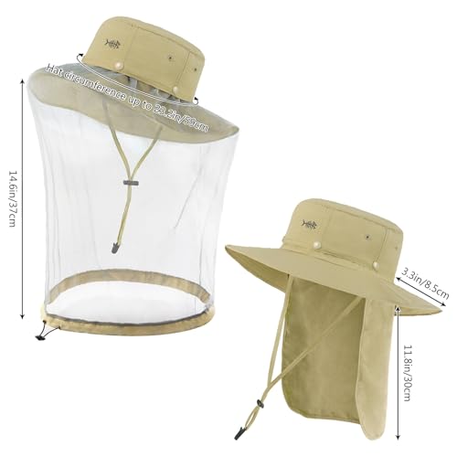 BASSDASH UPF 50+ Mosquito Sun Hat with Hidden Head Net and Neck Flap for Men Women Outdoor Fishing Hiking Camping - color: Khaki