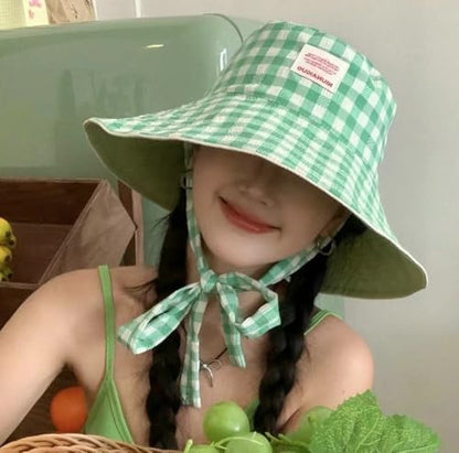 Sun Hats for Women Reversible Plaid Sun Cap Bucket Hat Wide Brim UV Protection Beach Hats 2025 Summer Travel Cap Fishing Hat - color: Blue