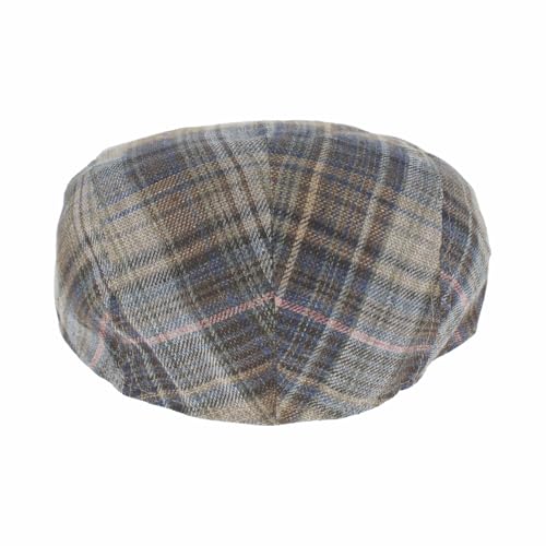 Hats in the Belfry Italia Men's Flat Cap, 100% Linen, Blue Brown Cream Plaid, Made in Italy, Newsboy Style, Casual Wear - color: Blue Plaid, size: Small