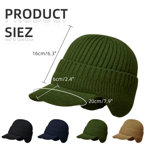 Men's Winter Hat with Brim, Warm Earflaps Hat for Men, Thick Fleece Lined Knit Winter Beanie Outdoor - color: Army Green