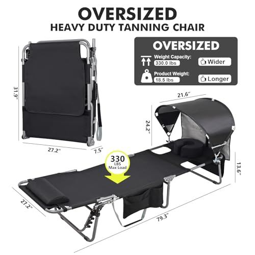 Oversized Extra Wide Tanning Chair with Sun Canopy Face Hole Padded Adjustable Washable, Heavy Duty Layout Folding Lounge Chair for Outside Beach Reading Sunbathing, UPF 50+, XL, Plus Size, 330 LBS - color: Black, size: Oversized
