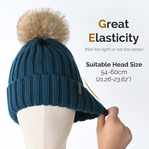 FURTALK Womens Winter Knitted Beanie Hat with Faux Fur Pom Warm Knit Skull Cap Beanie for Women - color: Wood Blue