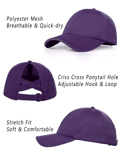 ZTL Womens High Ponytail Baseball Cap Performance Mesh Hat, Lightweight Quick Dry Race Day Running Hat with Reflective Trim - color: Purple