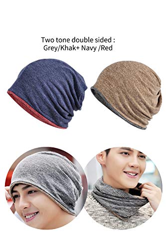 Jeelow Cotton Slouchy Open Top Beanie Hat 2 Pack - color: Navy Grey + Khaki Grey