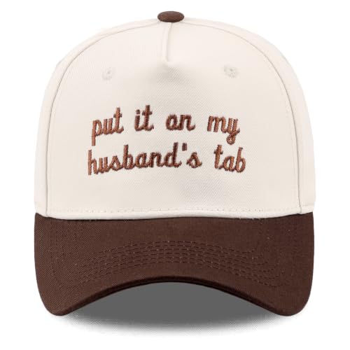Funny Embroidered Trucker Hat, Vintage Two-Tone Cotton Baseball Cap for Men Women, Adjustable Dad Hat Gift Idea - color: Put It on My Husband's Tab, Brown/Beige