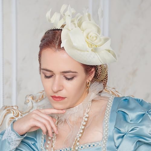 Zinniday 2026 Victoria Derby Fascinator - Kentucky Church Hats 1920s 50s Vintage Tea Party Hat with Hair Clip for Women - color: Off-white